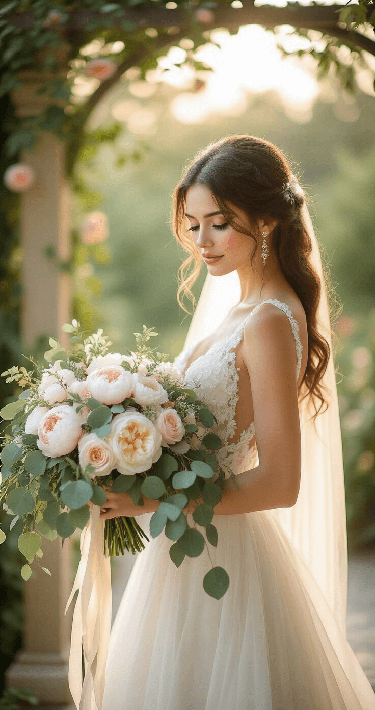 How to Choose the Perfect Wedding Flowers Without Losing Your Mind Bride in an elegant ivory wedding dress holding a peony and ranunculus bouquet with eucalyptus, on a romantic garden terrace during golden hour, with soft light filtering through vintage rose trellises.