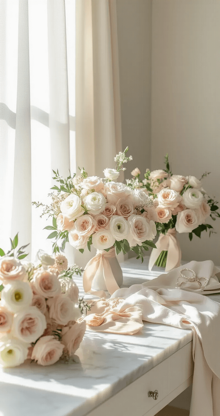 How to Choose the Perfect Wedding Flowers Without Losing Your Mind A minimalist bridal preparation scene featuring a bright white designer room with blush and cream bridesmaid bouquets on a marble vanity, soft sunlight streaming through sheer curtains, highlighting garden roses and ranunculus petals, alongside folded linen robes and elegant accessories.