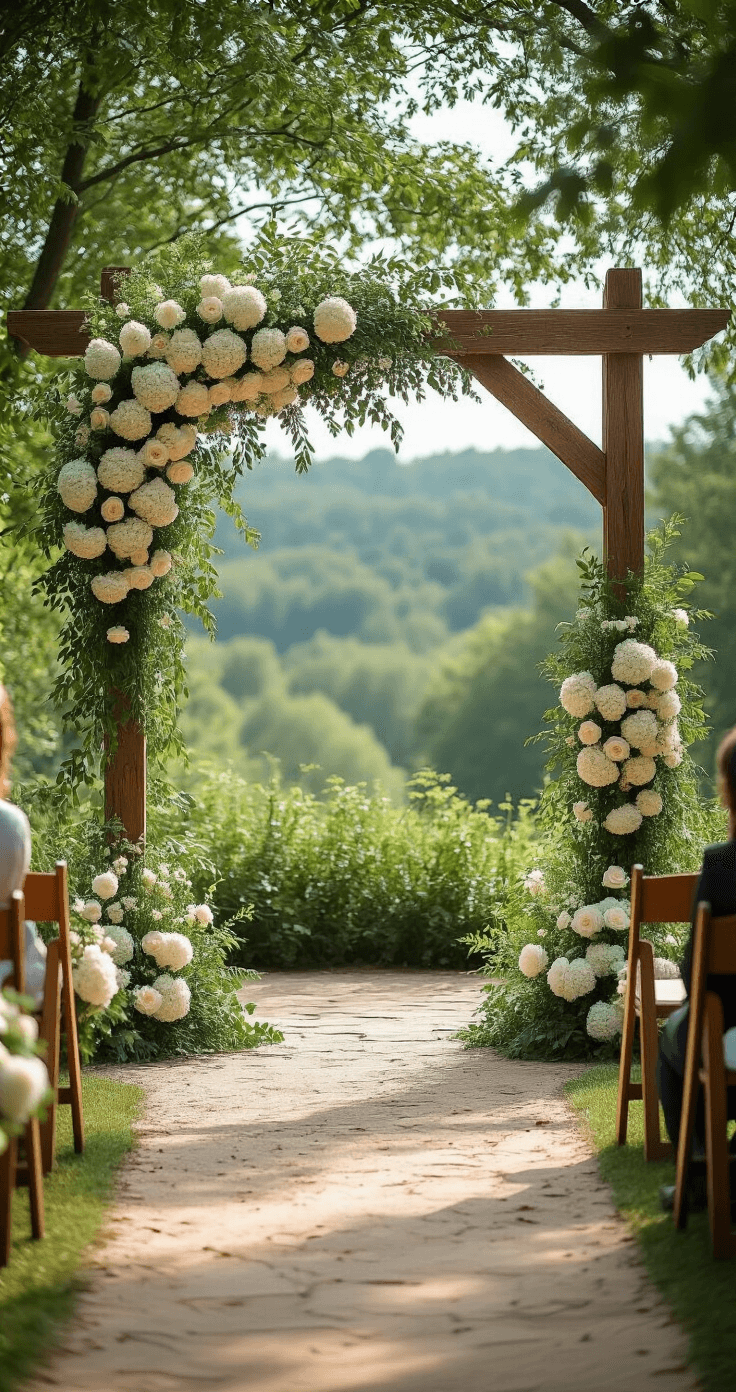 How to Choose the Perfect Wedding Flowers Without Losing Your Mind An outdoor summer wedding ceremony setup featuring a wooden arch decorated with hydrangeas, greenery, and white roses, surrounded by dappled sunlight and a symmetrical floral design, blending rustic textures with romantic botanicals.