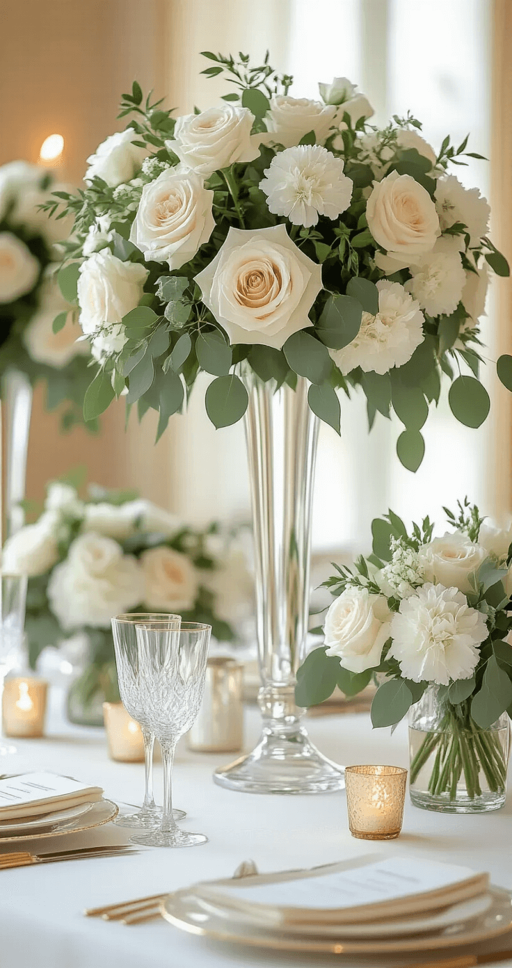 How to Choose the Perfect Wedding Flowers Without Losing Your Mind Sophisticated reception tablescape with modern centerpieces in ivory, cream, and sage green, featuring tall crystal vases of garden roses and eucalyptus on white linens with gold accents, illuminated by soft candlelight.