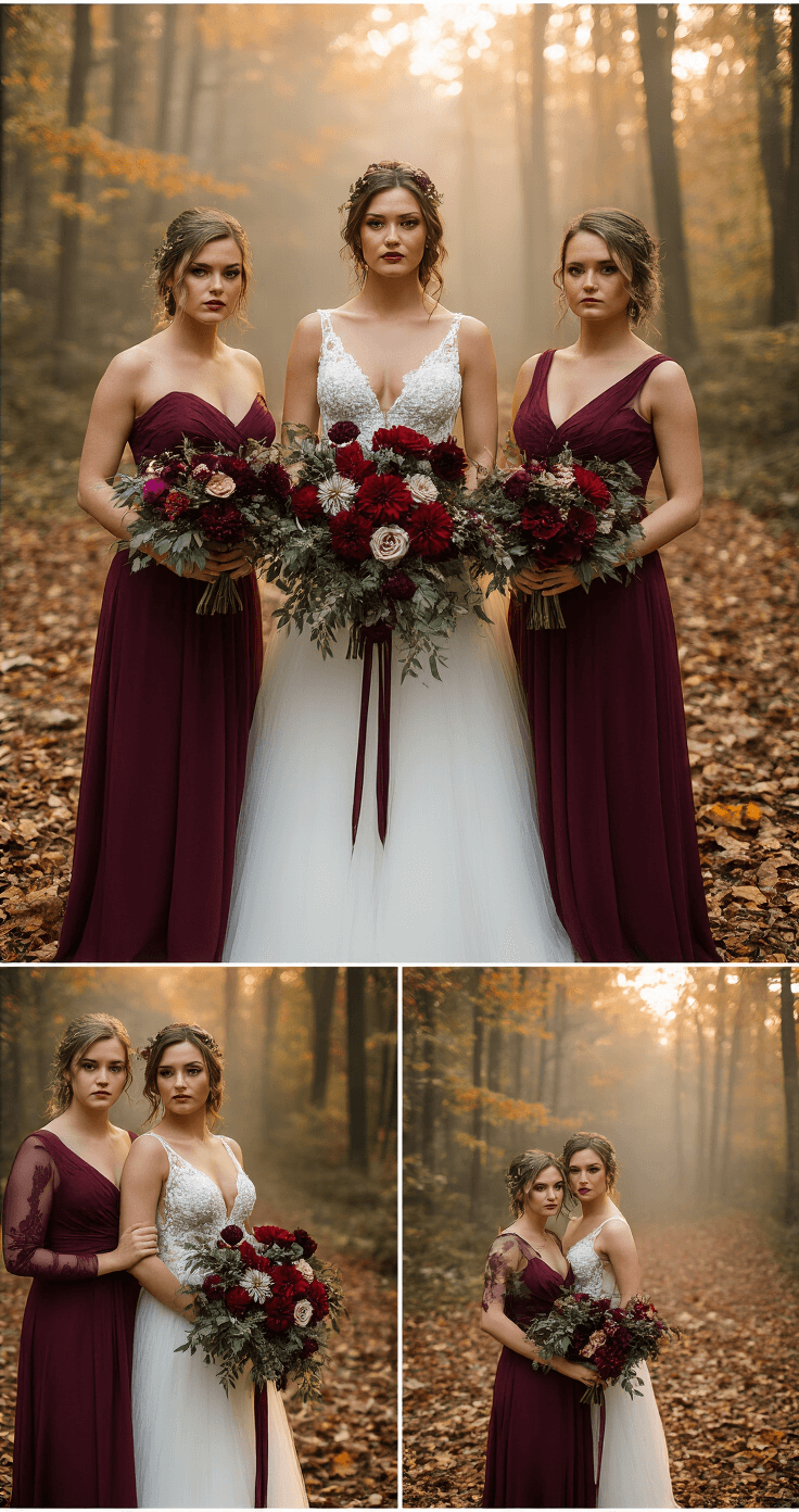 How to Choose the Perfect Wedding Flowers Without Losing Your Mind A fall wedding photoshoot featuring rich burgundy and deep plum flowers, including dahlias and roses, against a misty forest with warm golden hour lighting.