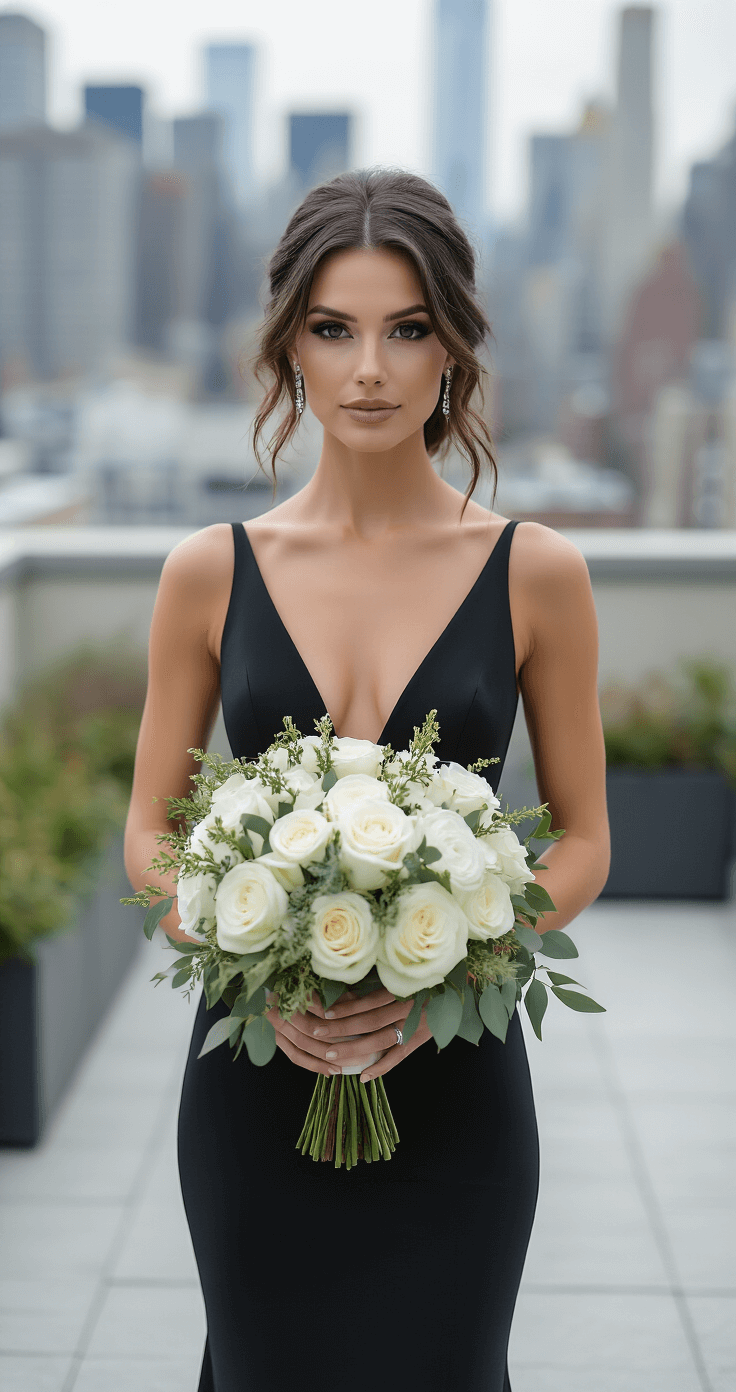How to Choose the Perfect Wedding Flowers Without Losing Your Mind A chic urban wedding portrait on a rooftop terrace, featuring a bride in a sleek modern dress holding a contemporary bouquet of white roses and ranunculus, with a cityscape background and soft architectural lines.