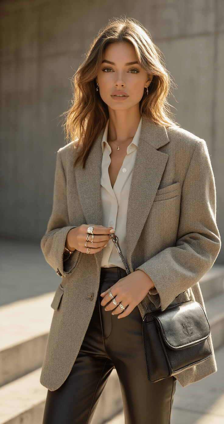 How to Determine Your Ring Size: The Complete Guide You Actually Need A stylish woman in an oversized wool blazer and slim leather pants measures a ring in a fashionable outdoor setting with a concrete backdrop and warm sunlight, her designer handbag displaying a professional ring sizer tool.