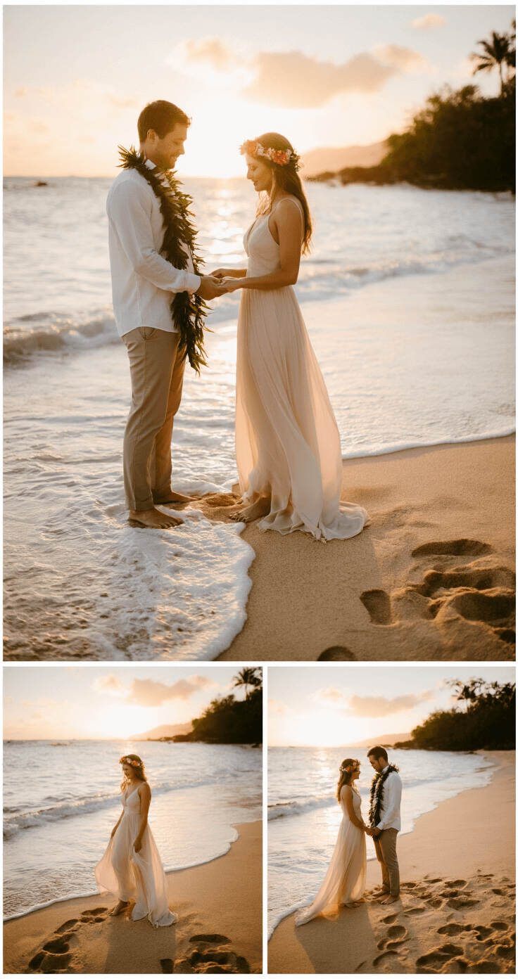 How to Elope: Your Complete Guide to Getting Legally Married Couple exchanging vows at sunset on a beach in Hawaii, bride in lightweight silk chiffon dress with tropical flowers in her hair, bare feet in soft sand, warm golden hour lighting creating a dreamy backlit effect.