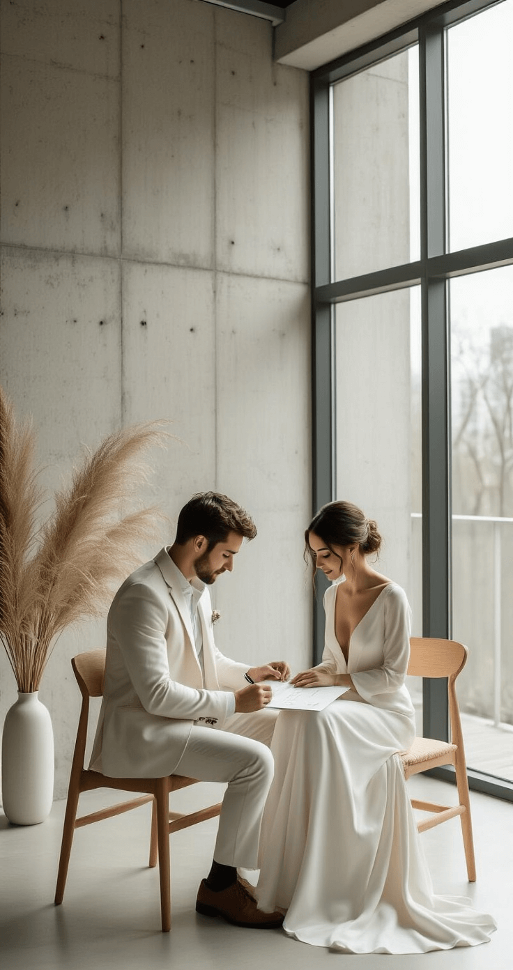 How to Elope: Your Complete Guide to Getting Legally Married A modern couple in white and cream attire signing their marriage license in a minimalist studio with concrete walls and soft natural light from large windows.