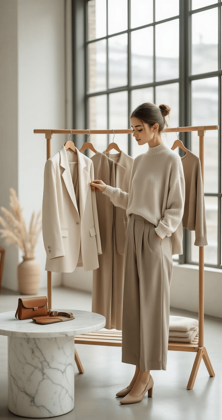 How to Find an Amazon Registry (Without Losing Your Mind) A young professional woman organizes a minimalist monochromatic capsule wardrobe in a softly lit studio, featuring neutral-toned clothing on a wooden rack and leather accessories on a marble side table.