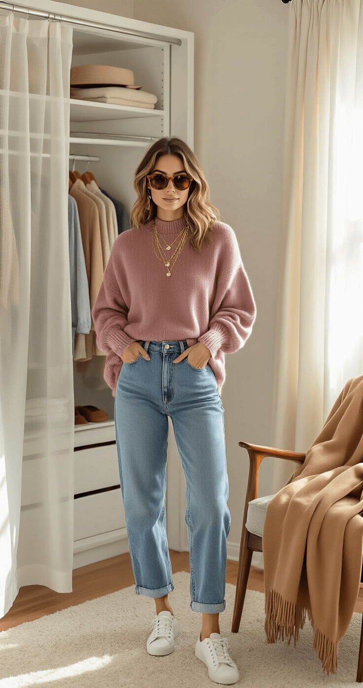How to Find an Amazon Registry (Without Losing Your Mind) Fashion-forward woman in a cozy bedroom, preparing a weekend casual outfit with warm morning light filtering through sheer curtains, featuring a meticulously organized closet, soft oversized cashmere sweater in dusty rose, vintage high-waisted denim, white leather sneakers, tortoiseshell sunglasses, gold layered necklaces, and a camel wool coat draped over a chair.
