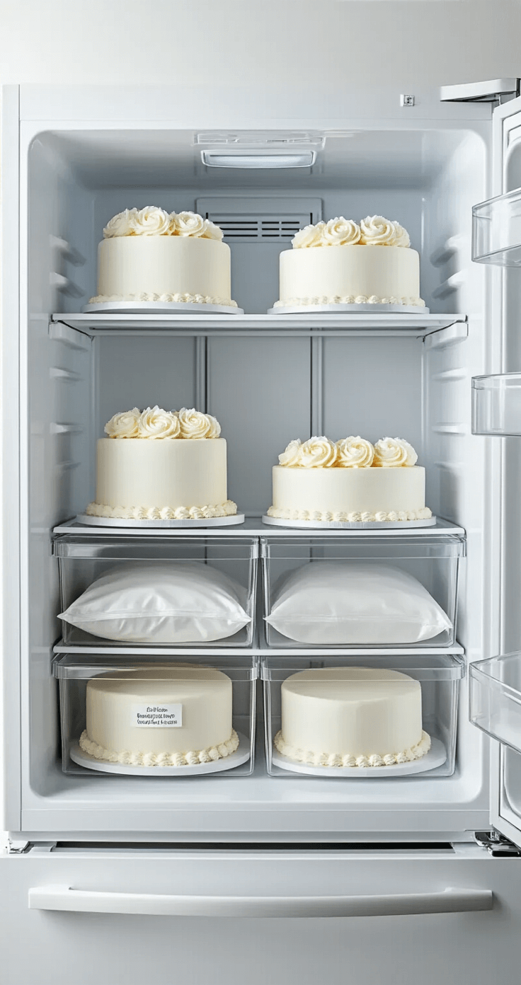 How to Freeze a Wedding Cake the Right Way Overhead view of a meticulously organized minimalist freezer interior featuring precisely labeled freezer bags containing wrapped wedding cake tiers, illuminated by soft diffused lighting against a crisp white background.