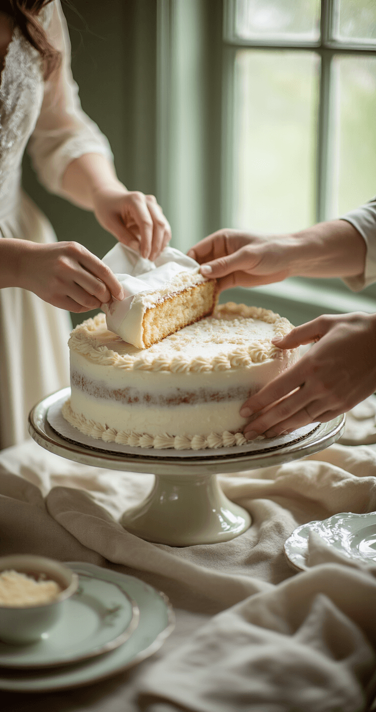 How to Freeze a Wedding Cake the Right Way Couple unwrapping preserved wedding cake in soft window light, close-up of hands peeling layers, vintage cake stand, muted sage green and cream colors, natural linen napkins, and delicate ceramic plates, evoking nostalgia and intimacy.