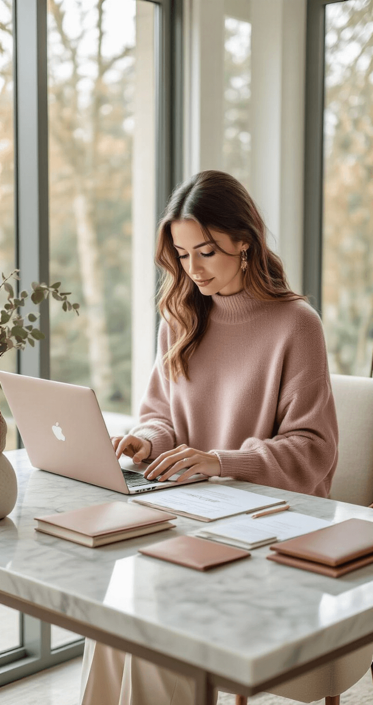How to Get a Marriage License Without Losing Your Mind Young professional woman in a dusty rose cashmere sweater and cream wide-leg trousers organizes wedding documents at a marble-top desk in a minimalist home office illuminated by natural light, surrounded by elegant stationery and a leather-bound planner.