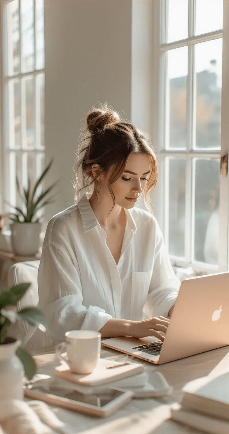 How to Make a Wedding Website Without Losing Your Mind A millennial bride in a white linen shirt and relaxed denim sits at a minimalist home office workspace, testing wedding website templates on a blush pink laptop, with natural sunlight streaming through large studio windows.
