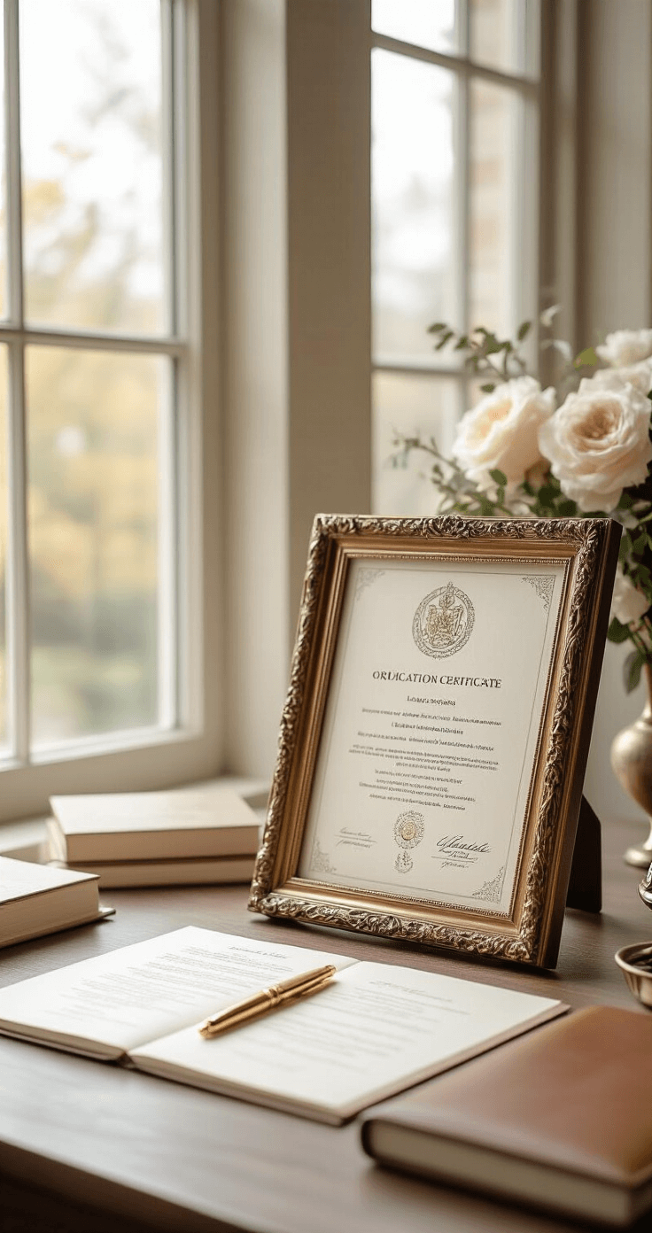 How to Officiate a Wedding: Your Complete Guide to Leading Someone's Big Day Elegant wedding officiant workspace featuring arranged legal documents, an ornate ordination certificate in a leather frame, natural light from modern windows, and sophisticated accessories like a gold pen and leather-bound notebook in a muted beige and gray palette.