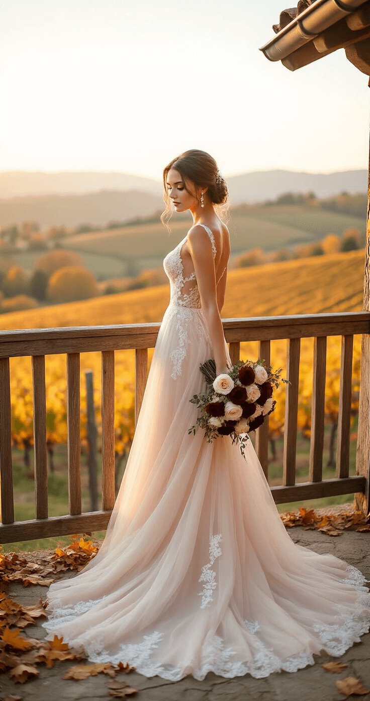 How to Pick a Wedding Date That Actually Works for Your Big Day A bride in a soft blush wedding dress with lace details stands on a rustic wooden balcony, overlooking a rolling autumn vineyard. The warm amber light casts soft shadows as crisp fall leaves are scattered at her feet. She wears minimalist pearl drop earrings and holds a bouquet of burgundy and cream roses.