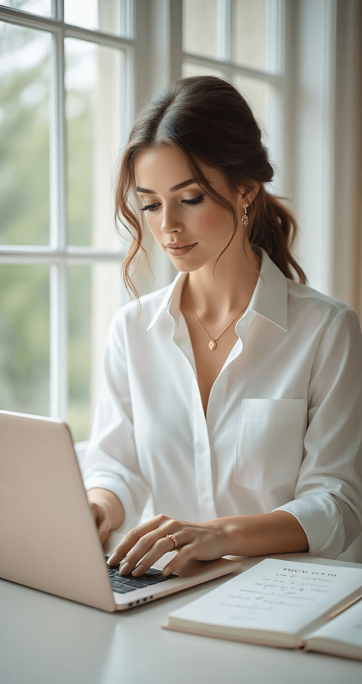How to Plan Your Wedding Guest List Without Losing Your Mind A bride-to-be in a minimalist home office, wearing a white button-down shirt and gold jewelry, organizes her wedding guest list on a laptop, with a wedding planner notebook open beside her, all set in soft natural light and a pastel color palette.