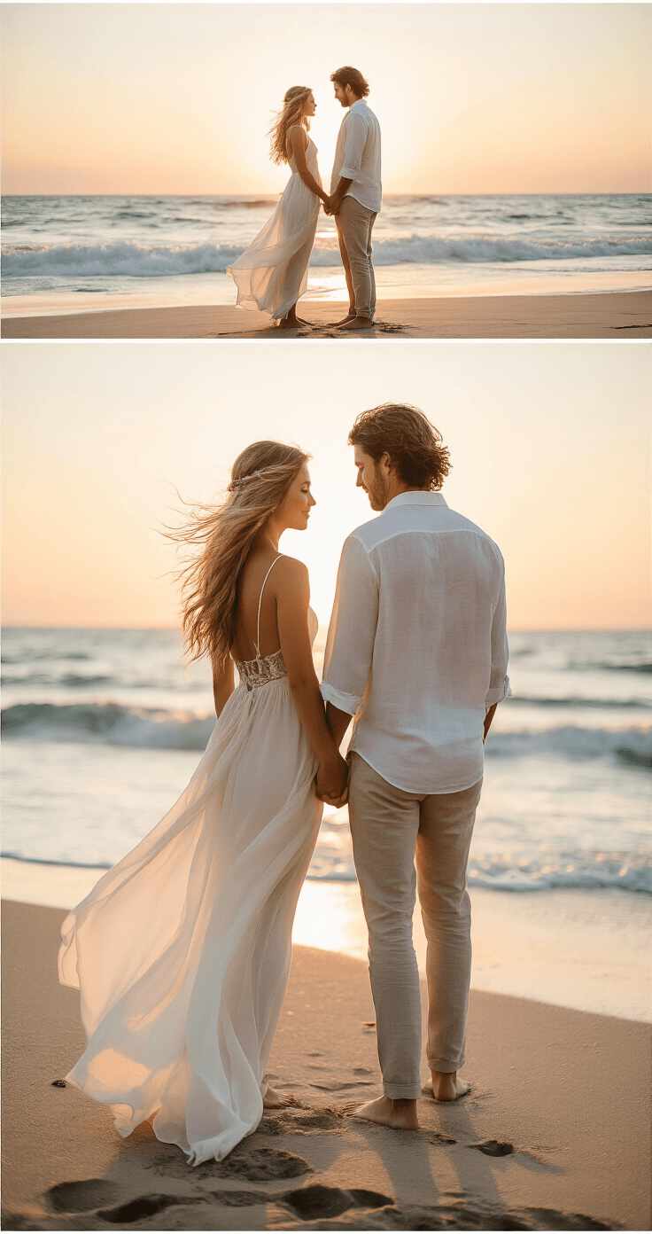 How to Renew Your Wedding Vows: A Real Guide to Celebrating Your Love Again A barefoot couple holds hands on a windswept beach during sunset, the bride in a flowing ivory silk bohemian dress with lace details, and the groom in a white linen shirt and khaki trousers, captured in soft pastel tones with a vintage film aesthetic.