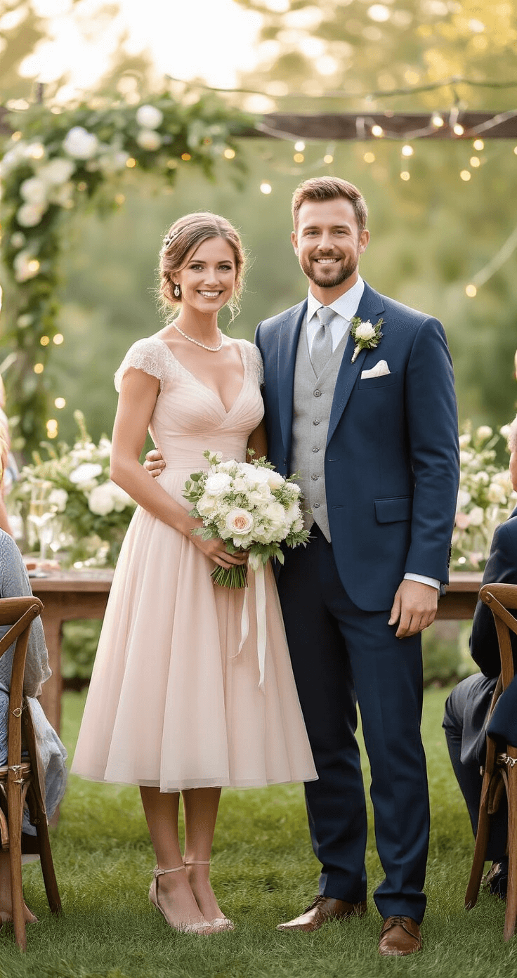 How to Renew Your Wedding Vows: A Real Guide to Celebrating Your Love Again Elegant backyard vow renewal ceremony featuring a bride in a tea-length blush pink vintage dress and a groom in a tailored navy blue suit, adorned with soft white floral arrangements, rustic wooden chairs, and fairy lights, all set against a serene green garden landscape with intimate family gathering in soft natural lighting.