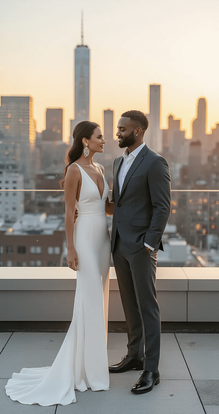 How to Renew Your Wedding Vows: A Real Guide to Celebrating Your Love Again Urban rooftop vow renewal at sunset featuring a bride in a sleek white jumpsuit and a groom in a charcoal gray tailored suit, against a downtown skyline bathed in golden hour light, showcasing modern minimalism and industrial chic elements.