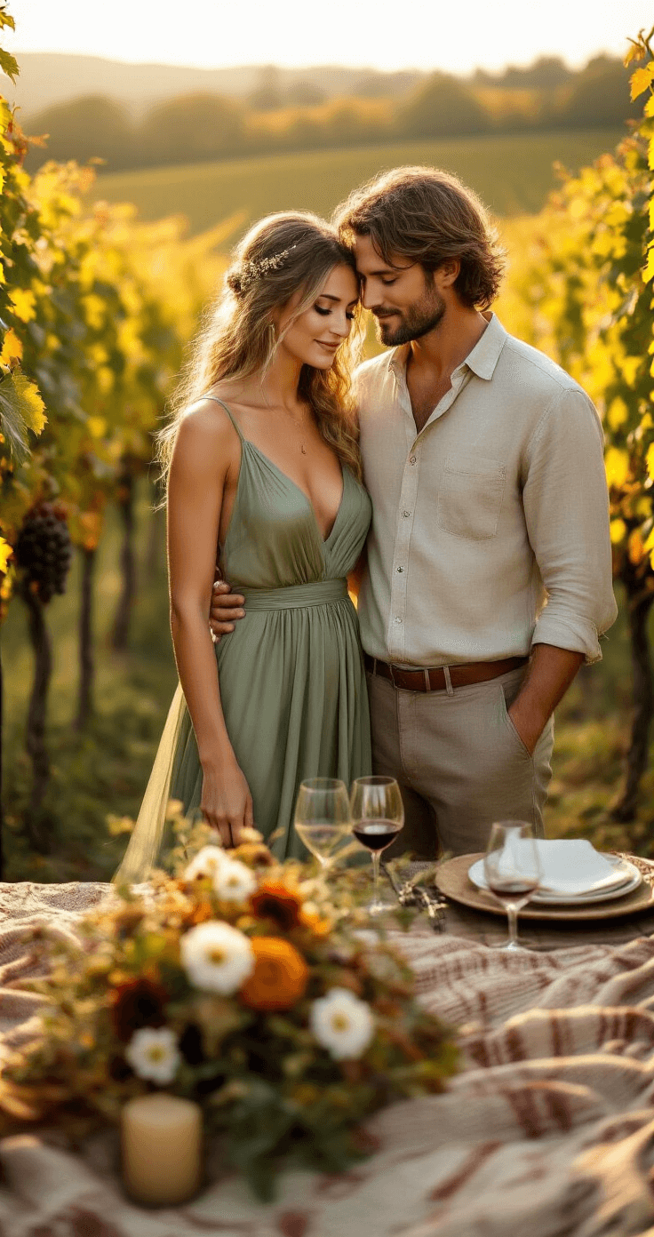 How to Renew Your Wedding Vows: A Real Guide to Celebrating Your Love Again A romantic vow renewal ceremony in a countryside vineyard during harvest season features a bride in a flowing sage green silk dress and vintage gold accessories, alongside a groom in a relaxed linen shirt and tailored trousers. The backdrop showcases rows of autumn grapevines bathed in soft late afternoon golden sunlight, with a woven picnic blanket and elegant rustic table setting adorned with seasonal wildflowers and wine glasses, captured in a soft film photography style.