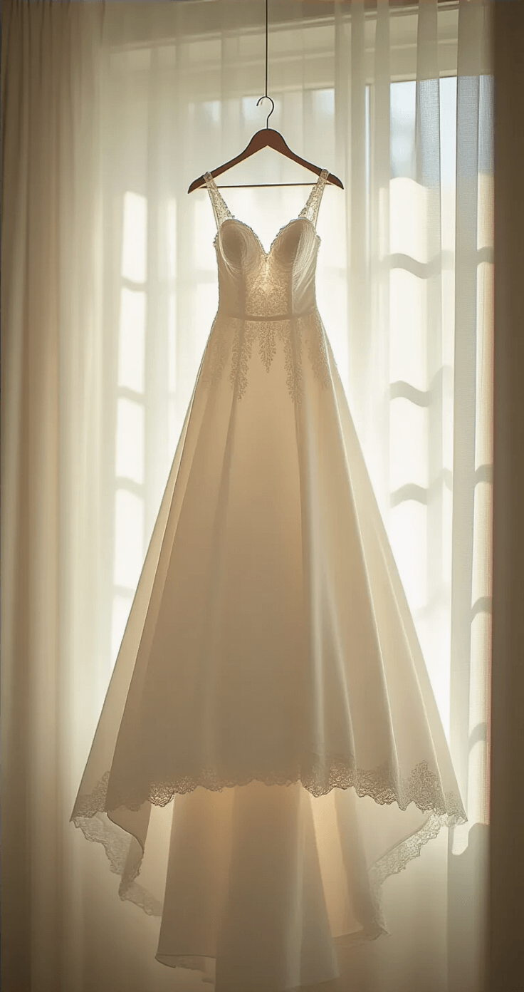 How to Store a Wedding Dress: The Complete Guide to Keeping Your Gown Perfect A pristine white wedding gown in a cotton garment bag hanging in a sunlit bedroom closet, showcasing intricate lace and beadwork, with soft morning light filtering through sheer curtains.