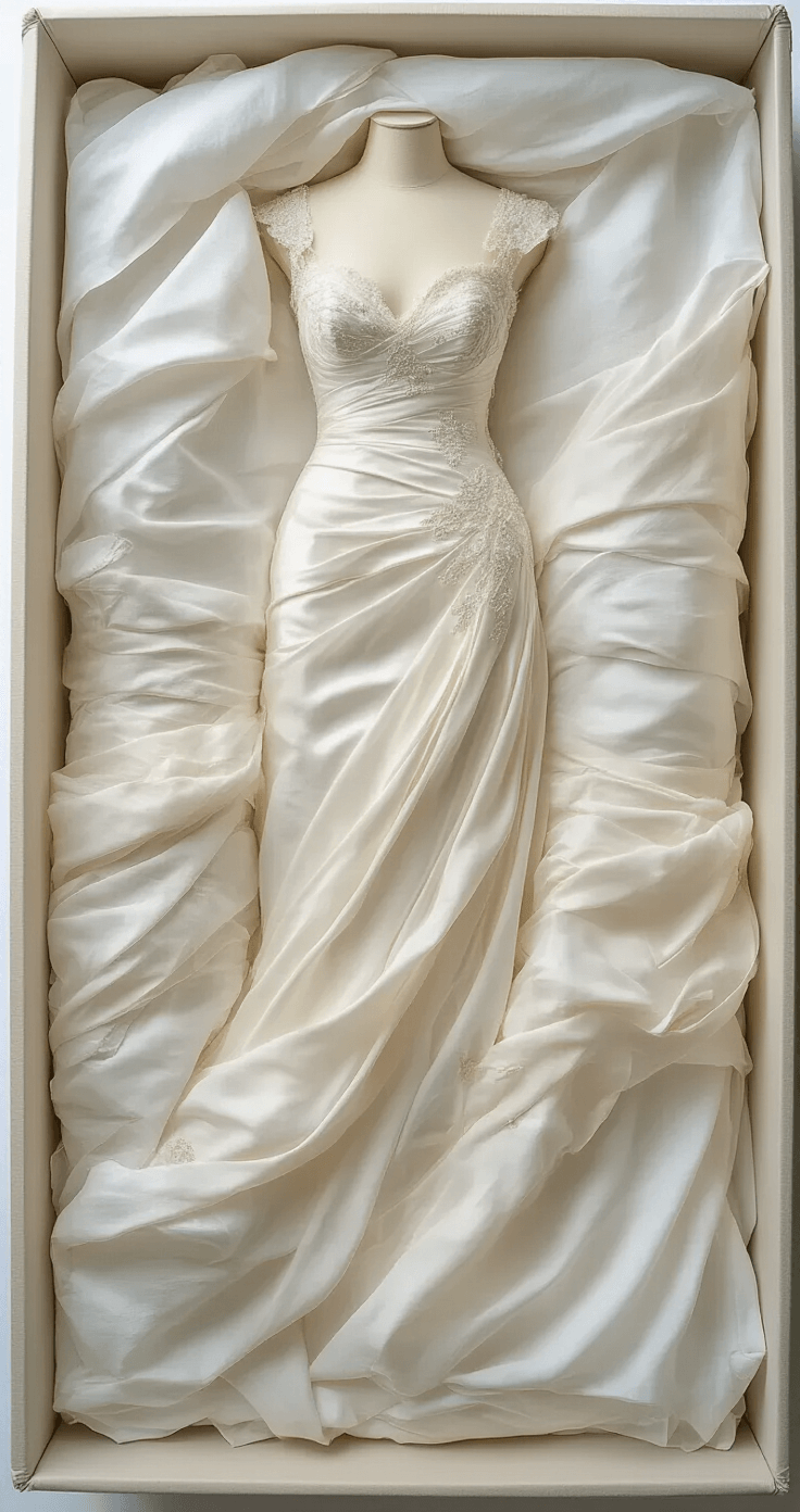 How to Store a Wedding Dress: The Complete Guide to Keeping Your Gown Perfect A carefully folded wedding dress protected by archival tissue paper inside a museum-quality acid-free storage box, illuminated by soft natural light, showcasing its elegant fabric and intricate beadwork.