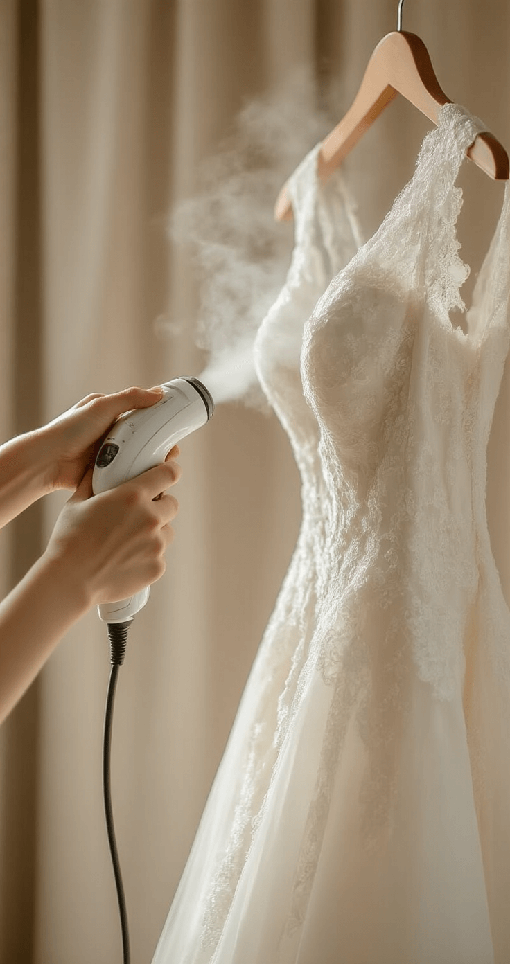 How to Store a Wedding Dress: The Complete Guide to Keeping Your Gown Perfect Close-up of hands steaming a wedding dress with a handheld garment steamer, showcasing the delicate textures of silk, lace, and tulle under soft, diffused studio lighting against a neutral background.