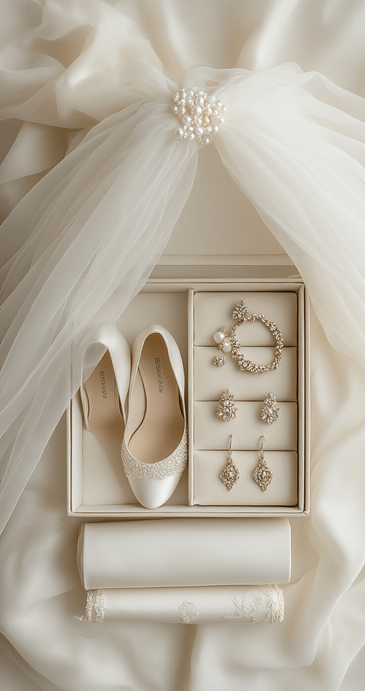 How to Store a Wedding Dress: The Complete Guide to Keeping Your Gown Perfect A flat-lay image showcasing wedding dress accessories for long-term storage, featuring a rolled ivory veil with acid-free tissue, wedding shoes stuffed for shape, and vintage jewelry in a fabric-lined box, all arranged in a soft, muted color palette with elegant lighting.