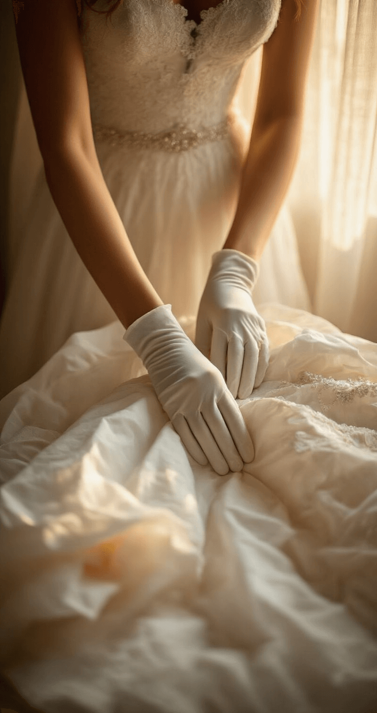 How to Store a Wedding Dress: The Complete Guide to Keeping Your Gown Perfect A close-up of a wedding dress being gently folded for storage by gloved hands, with soft golden hour light filtering through sheer curtains, highlighting intricate fabric textures and delicate beadwork, accompanied by acid-free tissue paper for preservation.