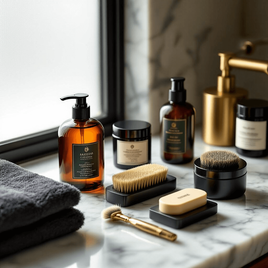 Epic Gift Guide: Awesome Present Ideas Men Actually Want in 2024 Intimate flat lay of luxury grooming essentials including beard care products, cologne bottles, and skincare tools on a marble countertop, bathed in soft morning light, with rich textures and a warm color scheme of deep amber, forest green, and brass accents.