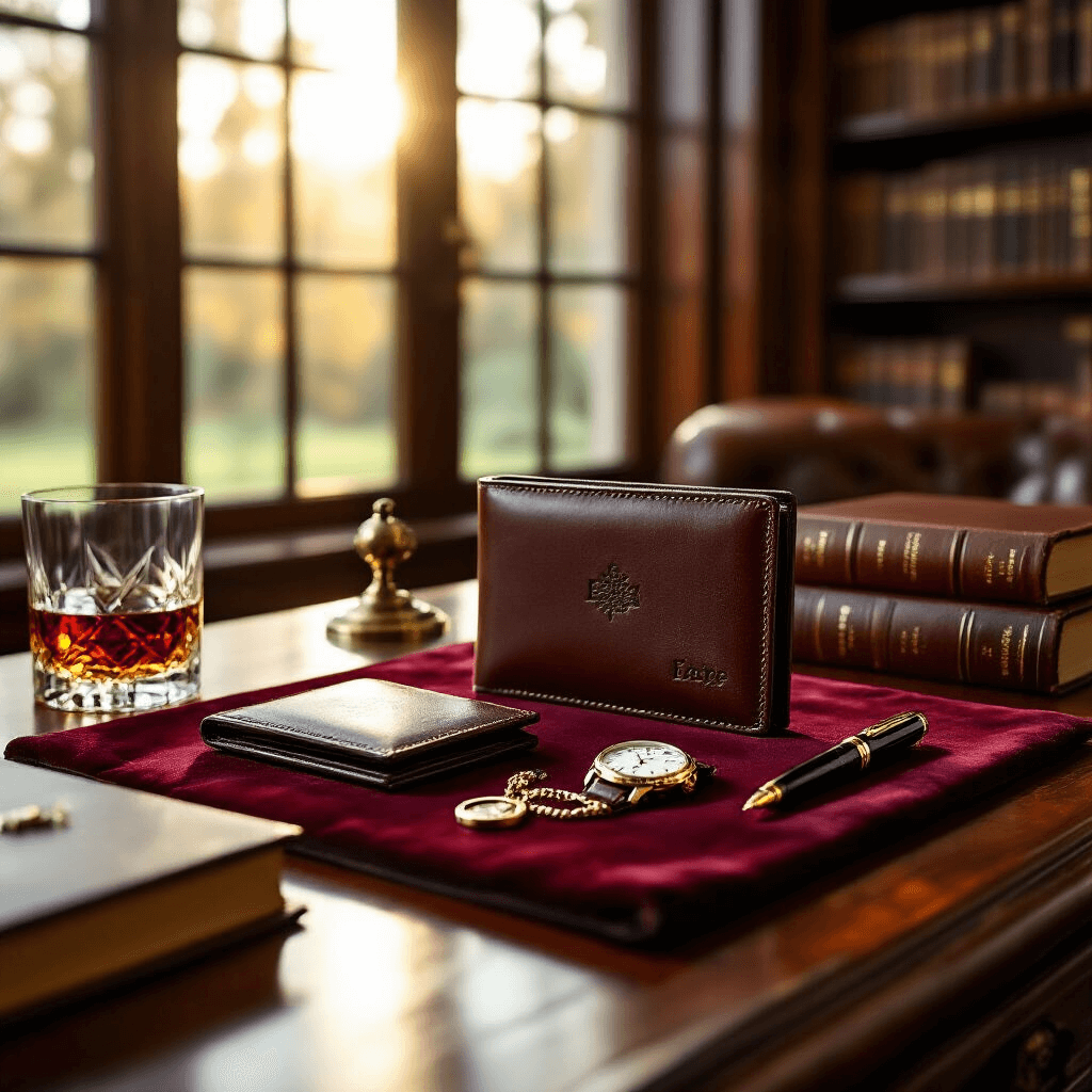 The Ultimate Guide to Father's Day Gifts: Showing Dad He's One of a Kind Photorealistic image of a Father's Day gift arrangement on a mahogany desk in an elegant home library, featuring a custom monogrammed leather wallet, an engraved watch, and a personalized photo keychain on burgundy velvet cloth, illuminated by warm afternoon sunlight streaming through large windows, with deep wood tones and brass accents creating a sophisticated atmosphere.