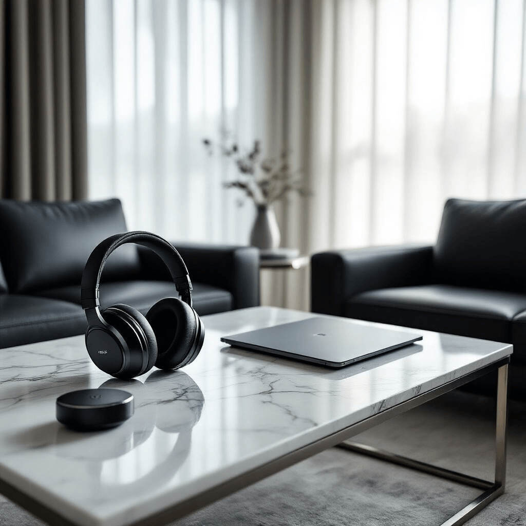 The Ultimate Guide to Father's Day Gifts: Showing Dad He's One of a Kind Modern living room setup for Father's Day featuring a sleek coffee table with wireless headphones, an ergonomic laptop desk, and smart home devices on a marble surface, all illuminated by soft morning light through sheer curtains. The space showcases minimalist styling with chrome accents, black leather furniture, and geometric patterns in a neutral palette of charcoal, silver, and white.