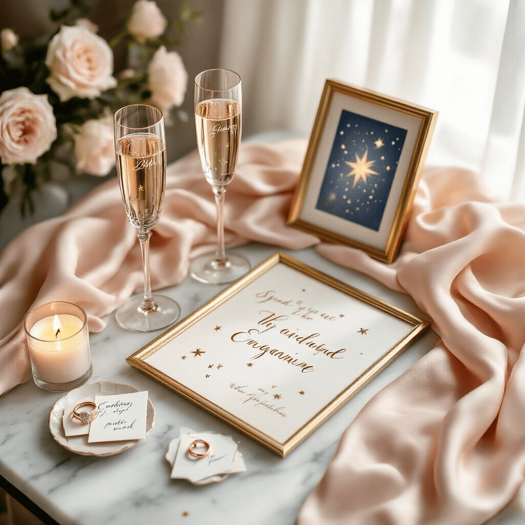 The Engagement Gift Guide You've Been Searching For (Because "Congrats!" Alone Won't Cut It) Photorealistic overhead shot of an elegant engagement gift styling scene with blush pink silk linens, vintage gold-etched champagne flutes, a watercolor star map in a gold frame, rose gold engagement ring dishes with love notes, and soft candlelight, all illuminated by natural morning light through sheer curtains.