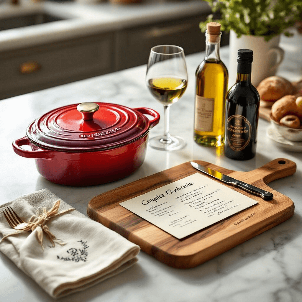 The Engagement Gift Guide You've Been Searching For (Because "Congrats!" Alone Won't Cut It) A beautifully styled kitchen scene featuring a heart-shaped deep red Le Creuset cocotte, a personalized wooden charcuterie board with engraved initials, artisan olive oil and balsamic vinegar, vintage-style hand-written recipe cards, elegant monogrammed linen napkins, and golden hour sunlight streaming over a marble countertop.
