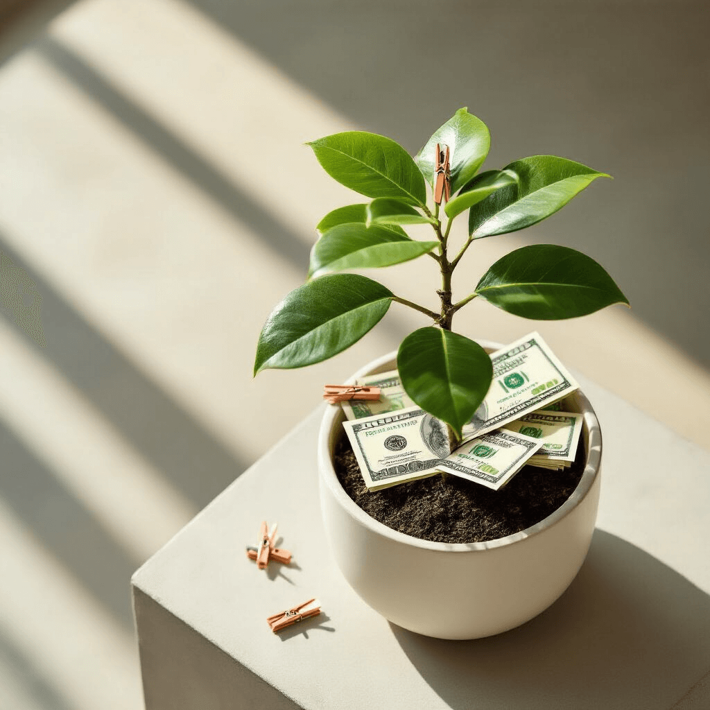 21 Money Gift Ideas That'll Make Cash Feel Like the Most Thoughtful Present Ever Cinematic overhead view of a jade plant in a white ceramic pot with $20 bills arranged among the leaves, set in a modern minimalist living space with muted terracotta and sage colors, concrete side table, and soft natural daylight casting shadows.