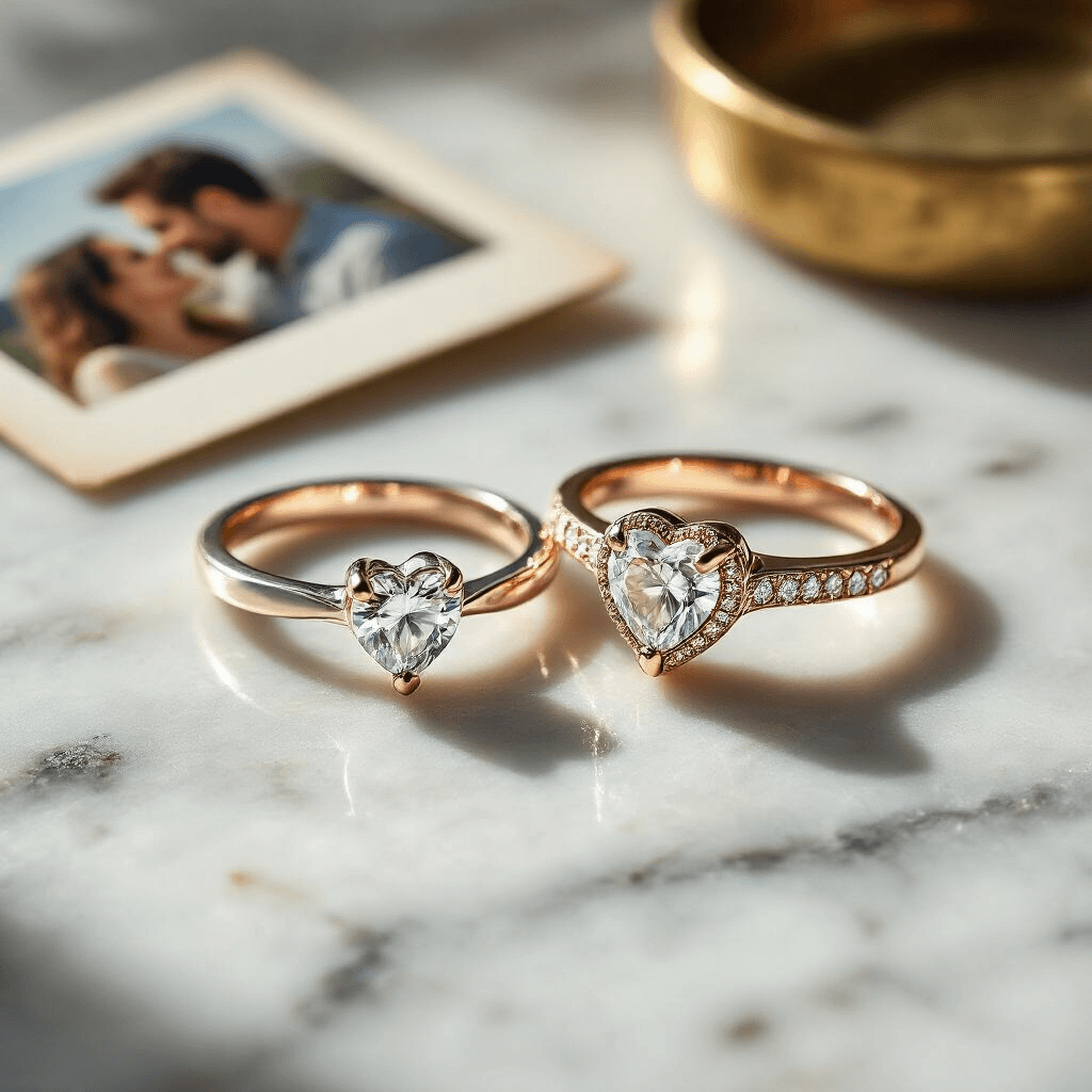 The Anniversary Gift Guide That'll Make You Look Like a Romantic Genius Two interlocking heart-cut rings in sterling silver with rose gold accents rest on a raw marble surface, illuminated by dramatic side lighting that highlights delicate engravings; a small polaroid of a couple's moment is partially visible in the background, alongside a vintage brass ring dish, all captured in a soft focus macro style that enhances the romantic atmosphere.