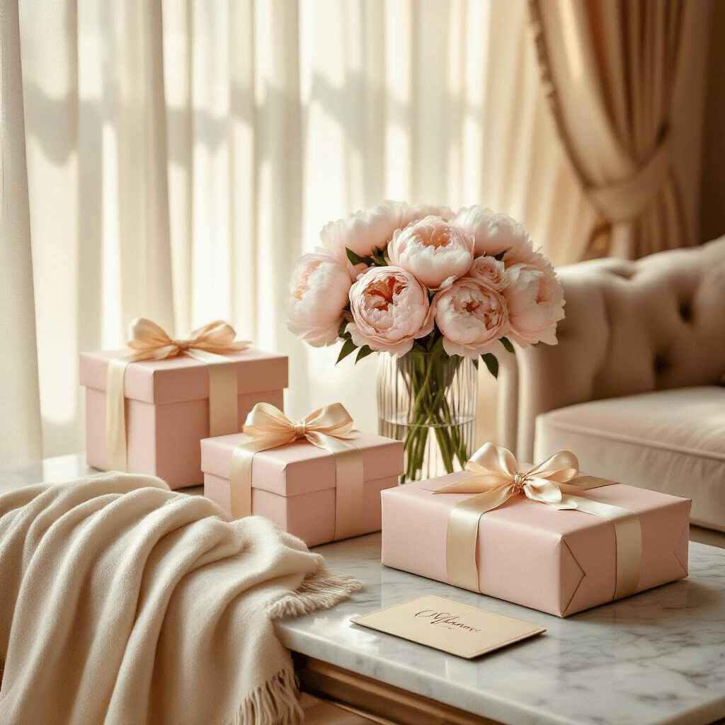 The Gift-Giving Panic: Finding Something Mom Will Actually Love A luxurious living room bathed in golden afternoon light, featuring a marble console with elegantly wrapped gifts, fresh peonies in a crystal vase, and a cashmere throw over a velvet armchair.