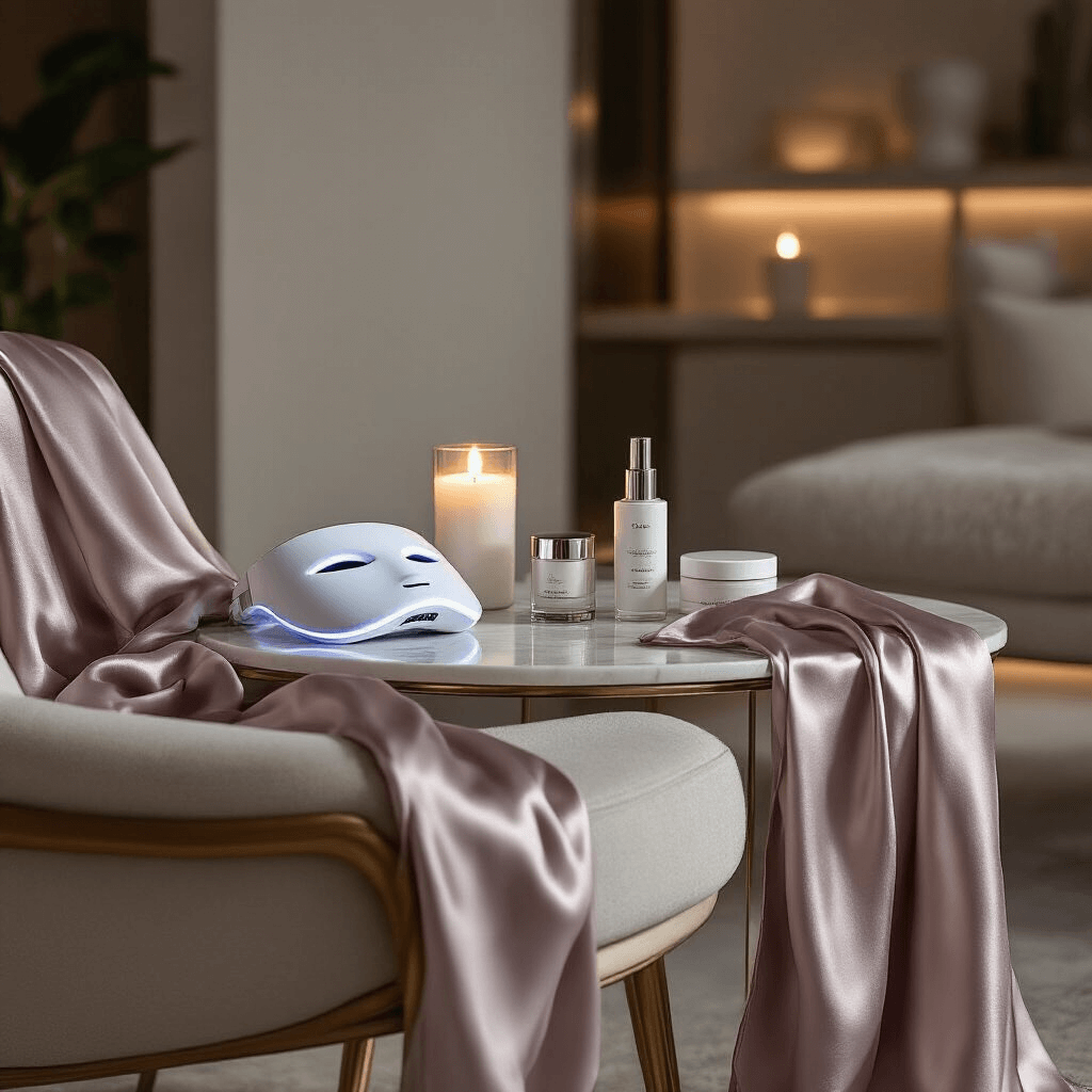 Birthday Gift Ideas for Women That Actually Make Them Smile A luxurious beauty technology setup in a minimalist apartment, featuring an LED face mask on a marble side table surrounded by stylish skincare products, with designer silk satin lounge pants draped on a mid-century modern chair, illuminated by soft candlelight that enhances the elegant glass and metallic accents in a refined palette of silver, ivory, and soft lavender.
