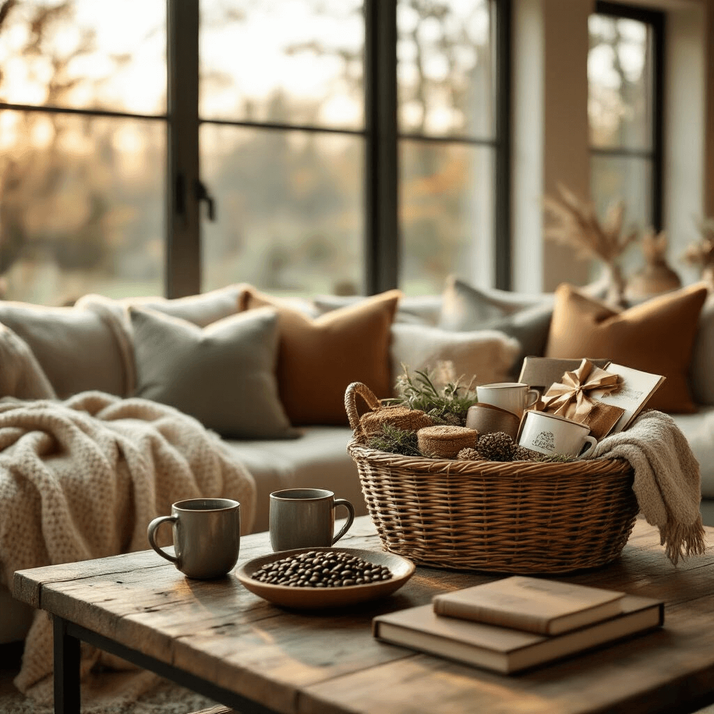 Housewarming Gift Ideas That Actually Make New Homeowners Happy A cozy living room with a luxurious housewarming gift basket on a rustic wooden coffee table, bathed in golden hour light. Plush throw blankets, artisan coffee beans, and gourmet treats are arranged in muted terracotta and sage green tones, creating an inviting atmosphere. A knitted blanket, ceramic mugs, and a leather-bound cookbook add layered textures, all captured from an overhead angle against a softly blurred background of modern minimal furniture.