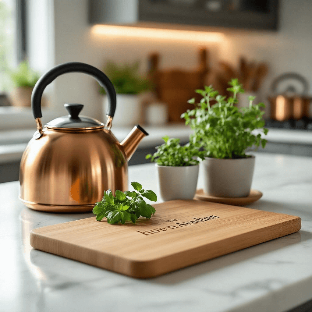 Housewarming Gift Ideas That Actually Make New Homeowners Happy An elegantly styled kitchen countertop featuring a gleaming copper kettle, a bamboo cutting board with a laser-engraved address, and a small potted herb garden, all set against crisp white marble surfaces and bathed in soft morning light, highlighting the blend of metallic and natural wood tones in a contemporary kitchen design.