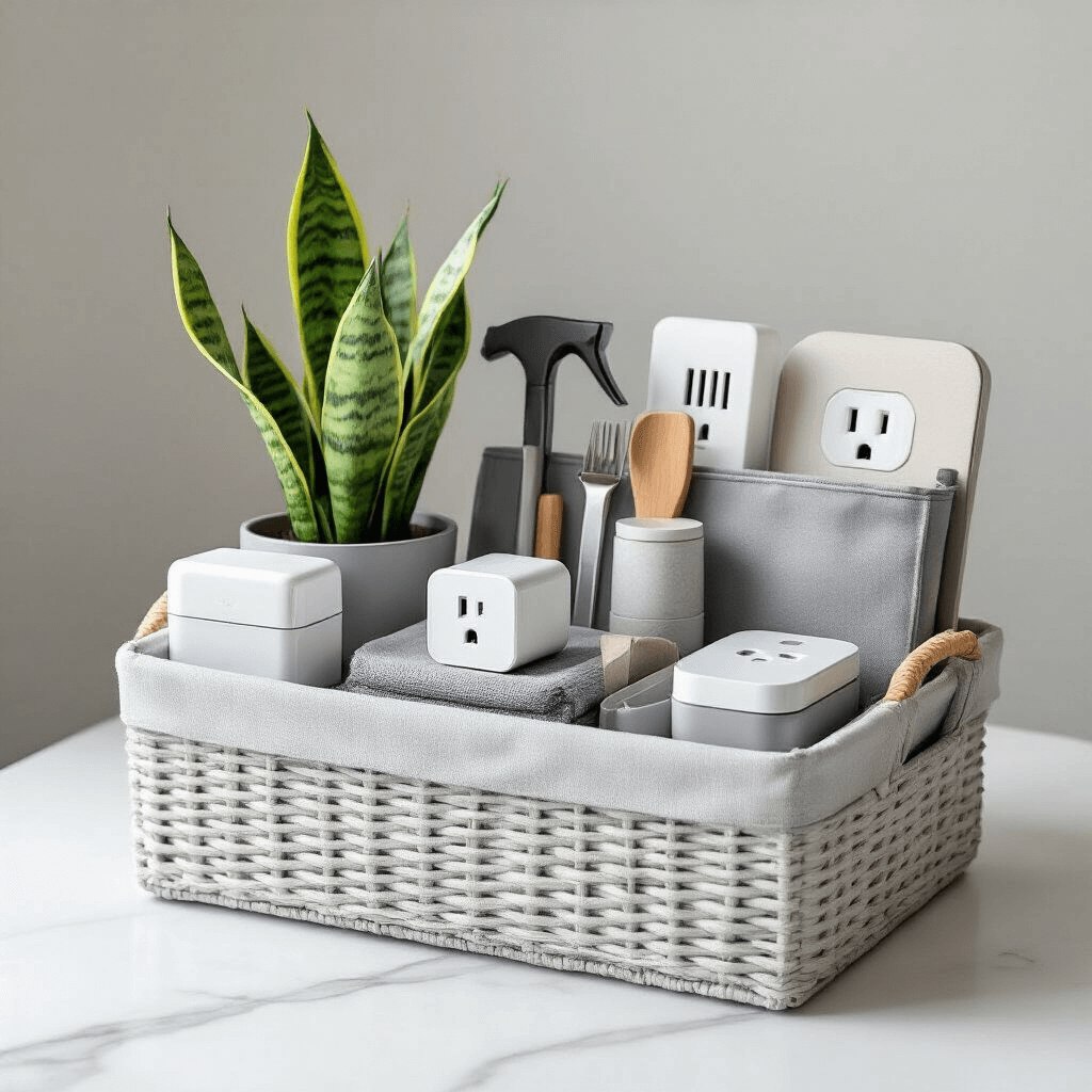 Housewarming Gift Ideas That Actually Make New Homeowners Happy A flat lay image of a neatly arranged first apartment gift basket on a white marble surface, featuring a basic toolkit, smart plugs, compact storage solutions, and a low-maintenance snake plant, all in a neutral color palette of grays and whites, with strategic lighting highlighting the modern, practical design.