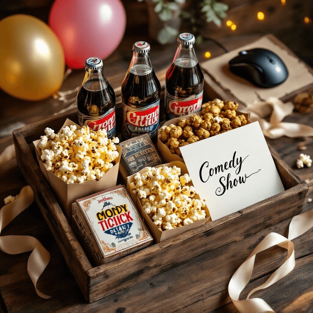 Gift Hamper Ideas That'll Actually Make People Happy (Not Collect Dust) A beautifully arranged birthday hamper on a rustic wooden surface, showcasing craft sodas, gourmet popcorn in elegant packaging, a vintage gaming mousepad, comedy show tickets tied with silk ribbon, bright balloon accents, and a handwritten card in calligraphy, captured from an overhead angle in warm, golden hour lighting.