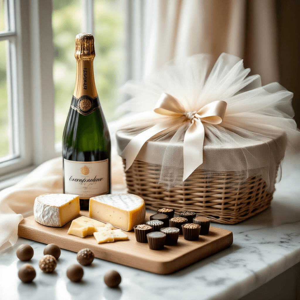 Gift Hamper Ideas That'll Actually Make People Happy (Not Collect Dust) Elegant wedding hamper displayed on a marble countertop, featuring premium champagne, artisan cheeses on a wooden board, gourmet chocolate truffles, and a tulle-wrapped basket in soft natural light, emphasizing textures and intimate details.
