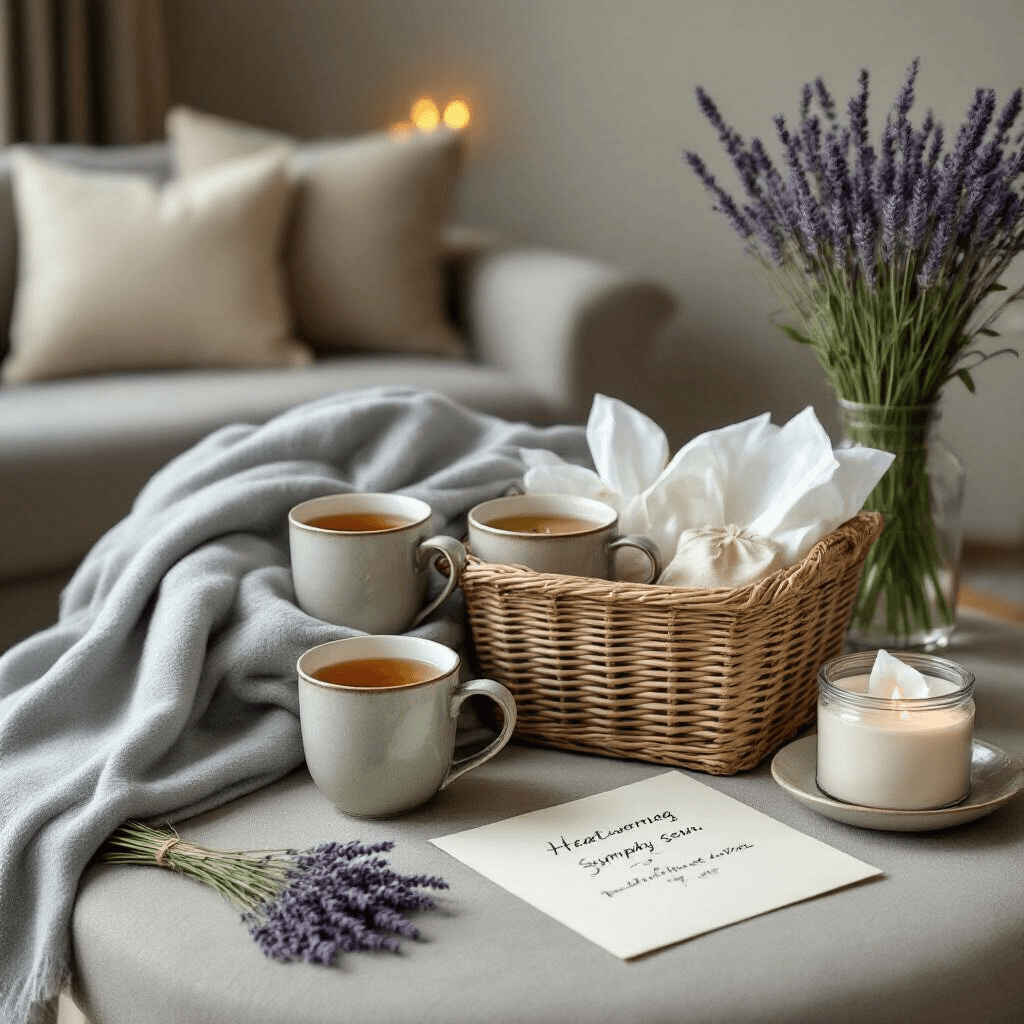 Gift Hamper Ideas That'll Actually Make People Happy (Not Collect Dust) A minimalist living room featuring a heartwarming sympathy hamper, with a dove gray throw blanket, artisan ceramic mugs with herbal tea, elegant glass containers of homemade soup, lavender sachets, high-quality tissues, and a handwritten note, all under muted lighting for a comforting atmosphere.