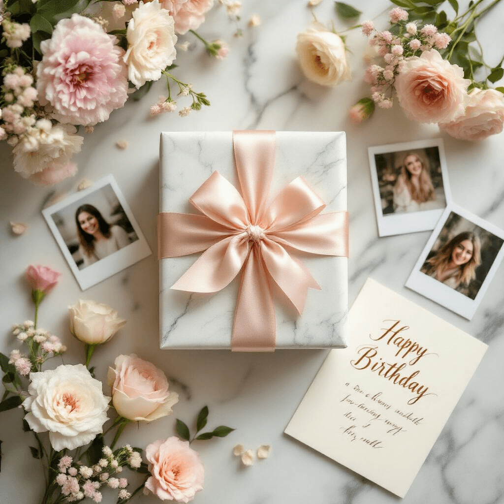 The Best Birthday Gifts for Your Bestie That'll Actually Make Them Cry Happy Tears A beautifully arranged birthday gift wrapping scene on a marble surface, showcasing an elegantly wrapped present with blush silk ribbon, surrounded by pastel flowers, scattered polaroid photos, and a personalized calligraphy card, all illuminated by soft golden hour lighting from an overhead angle.
