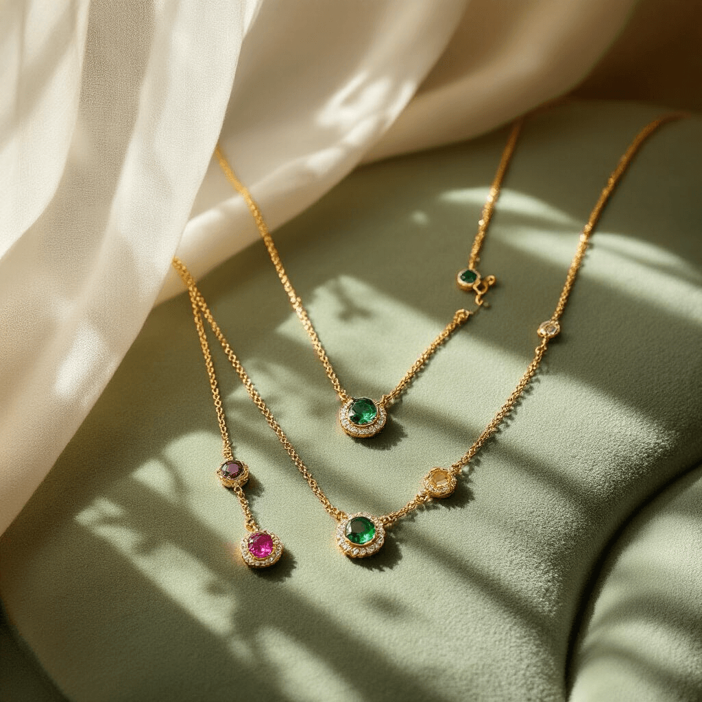 The Best Birthday Gifts for Your Bestie That'll Actually Make Them Cry Happy Tears A collection of birthstone necklaces with delicate gold chains arranged on a sage green velvet surface, illuminated by soft morning light filtering through sheer curtains, showcasing intricate details and shadows in a professional flat-lay setting.