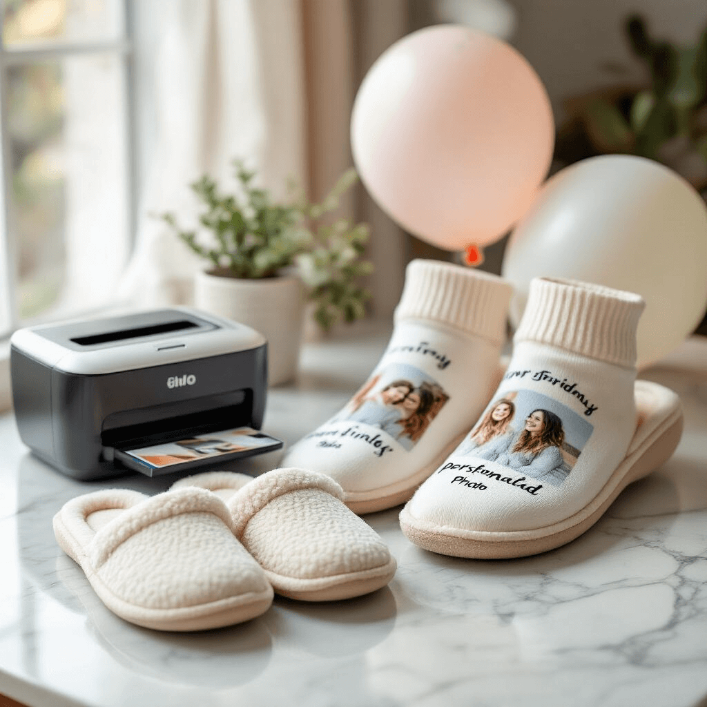 The Best Birthday Gifts for Your Bestie That'll Actually Make Them Cry Happy Tears A cozy gift setup featuring memory foam slippers, personalized photo socks, and an instant photo printer on a minimalist marble countertop, embellished with playful balloon decorations and a handwritten card, all bathed in soft natural light.
