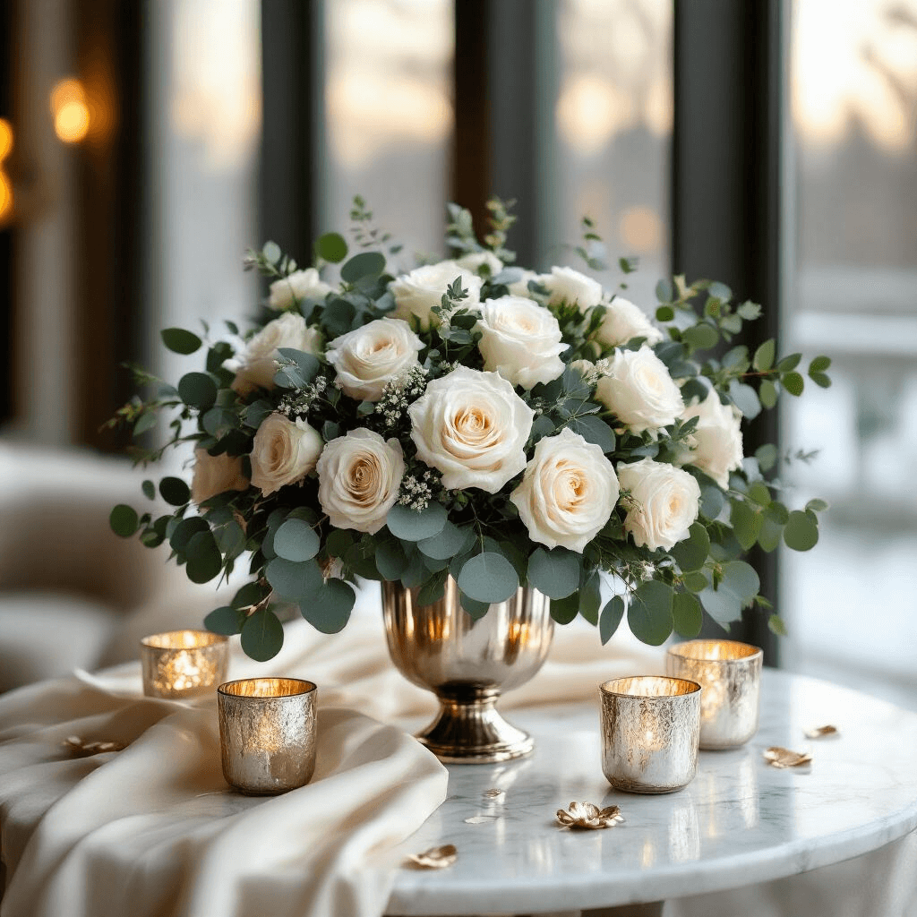 Flower Gift Ideas That'll Make You Look Like You Actually Put Thought Into It A luxurious winter flower arrangement with white roses and silvery-green eucalyptus in a sleek metallic vase on a marble-topped table, illuminated by golden hour light, surrounded by silver candleholders and rose gold accents on a soft ivory linen tablecloth.