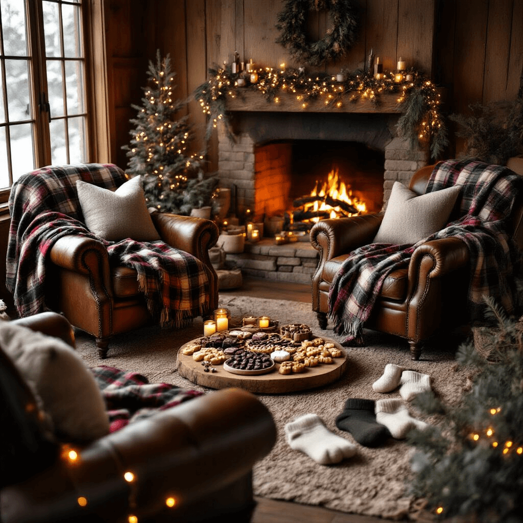 The Honest Truth About Cheap Gifts That Don't Look Cheap A cozy winter gift exchange scene in a rustic wood-paneled living room, featuring plaid throw blankets on vintage leather armchairs, a handcrafted charcuterie board with chocolates, soft wool socks by a crackling fireplace, and delicate fairy lights, all captured in warm golden hour lighting from an overhead angle.