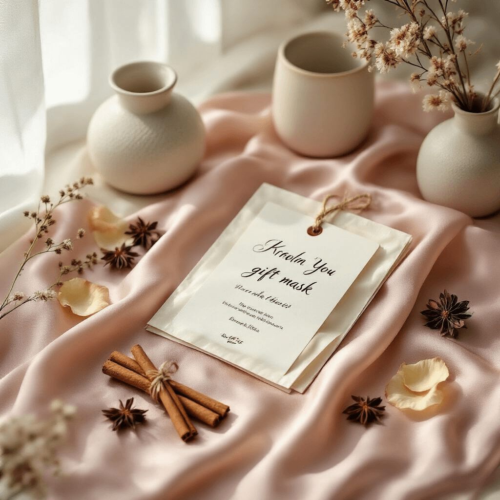 The Honest Truth About Cheap Gifts That Don't Look Cheap Luxurious flat lay arrangement of Korean sheet masks on blush pink silk, adorned with a handwritten calligraphy gift tag, cinnamon sticks, and dried flower petals, all illuminated by soft morning light filtering through sheer curtains, complemented by neutral ceramics and glass props with metallic accents.