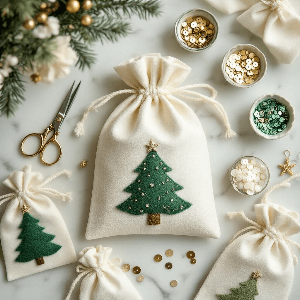 Gift Bag Ideas That'll Make Your Presents Look Actually Good An overhead shot of a crafting workspace featuring pastel felt materials, delicate embroidery scissors, and small glass bowls with sequins. The scene includes emerald green Christmas tree appliqués and soft white drawstring bags in various stages of completion, all bathed in gentle morning light that highlights the sage green, cream, and soft gold color scheme.