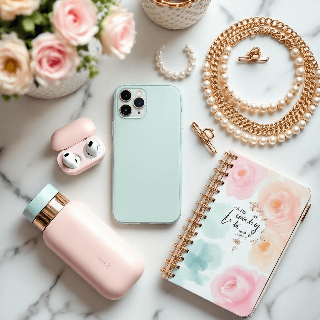 The Ultimate Christmas Gift Guide for Teenage Girls That'll Actually Make You Look Cool Flatlay of trendy teen accessories on a marble surface, featuring pastel wireless earbuds, layered gold chain necklaces, a sleek phone with a pop socket, pearl hair clips, a rose gold claw clip, an aesthetic water bottle with time markers, and a bullet journal with watercolor accents, all illuminated by soft natural light.